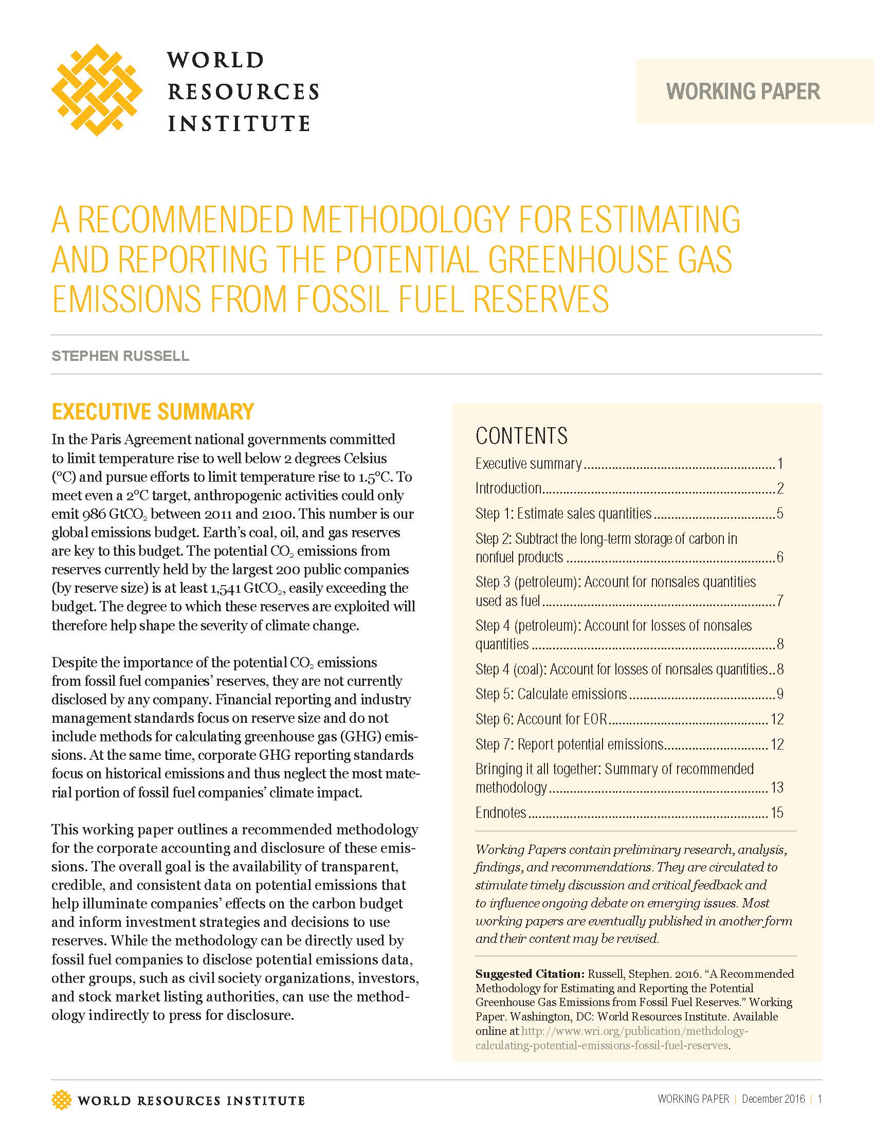 The first-ever comprehensive global guidance for measuring and reporting the potential greenhouse gas (GHG) emissions from the fossil fuel reserves held by oil, coal and gas companies.